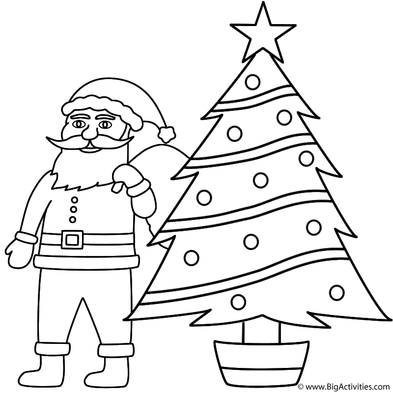 Santa Claus with Christmas Tree - Coloring Page (Christmas)