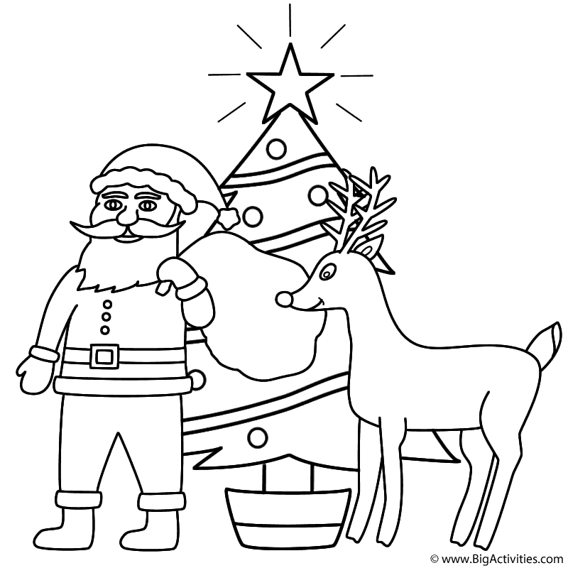 Santa Claus with Rudolph and Christmas Tree - Coloring Page (Christmas)