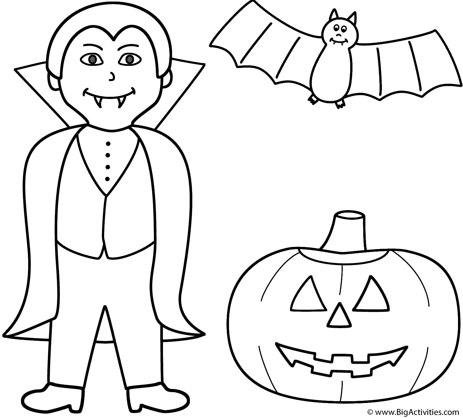 Vampire with a pumpkin/jack-o-lantern and bat - Coloring Page (Halloween)