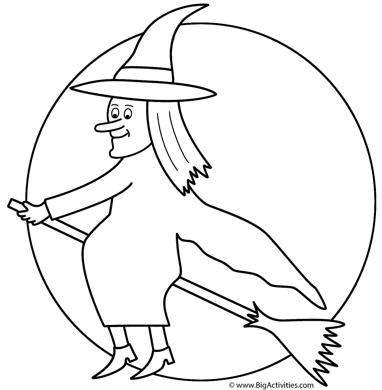 Witch on broom with the moon - Coloring Page (Halloween)