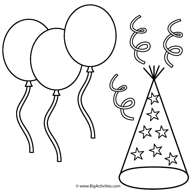 Download Balloons with Party Hat and Streamers - Coloring Page (New Years)