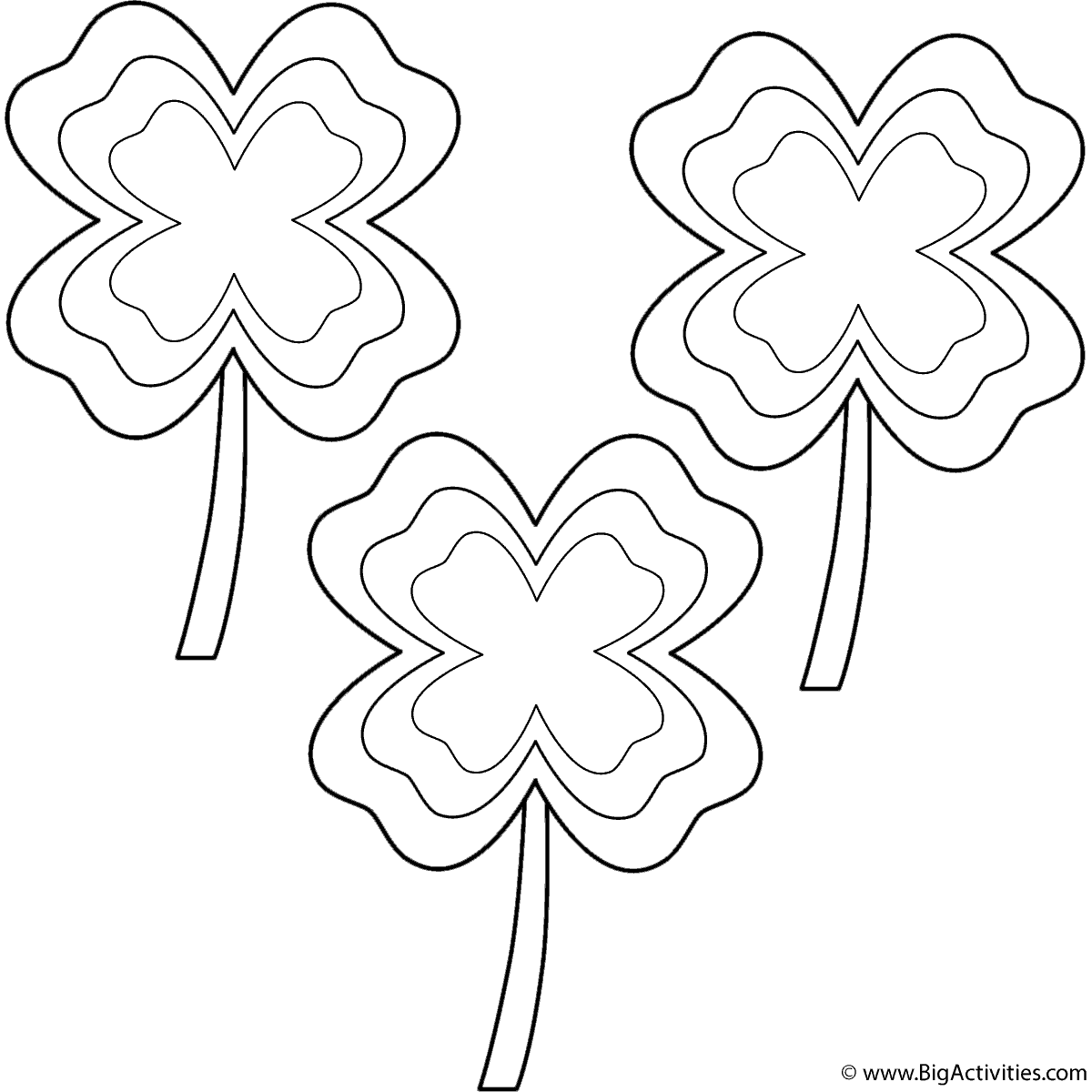 Four Leaf Clovers with multi-border (3 clovers) - Coloring Page (St