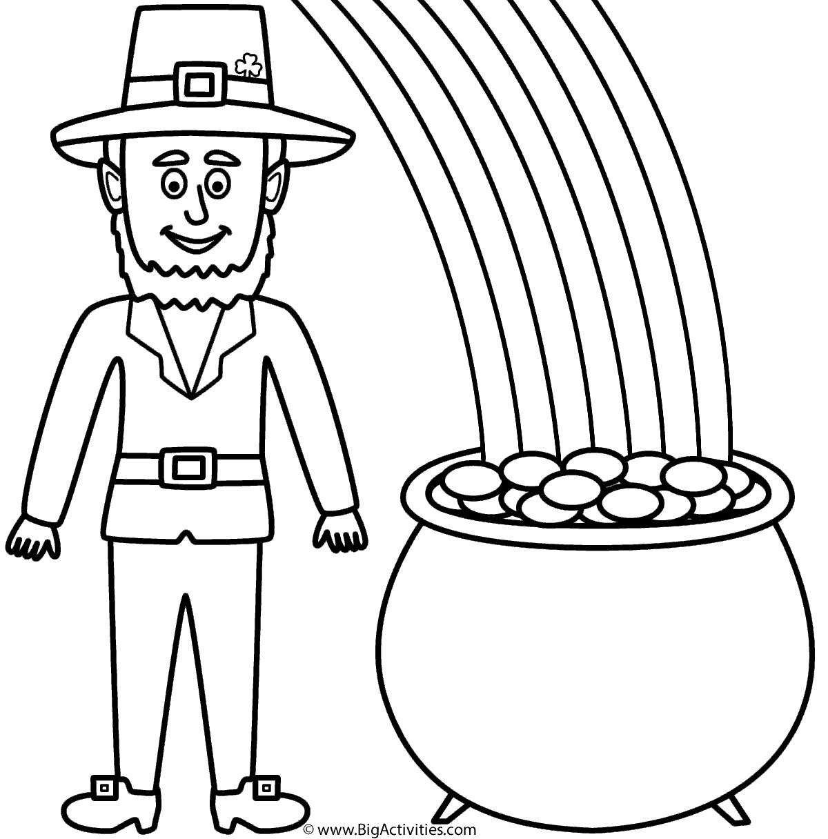 Leprechaun with pot of gold and rainbow Coloring Page (St. Patrick's Day)