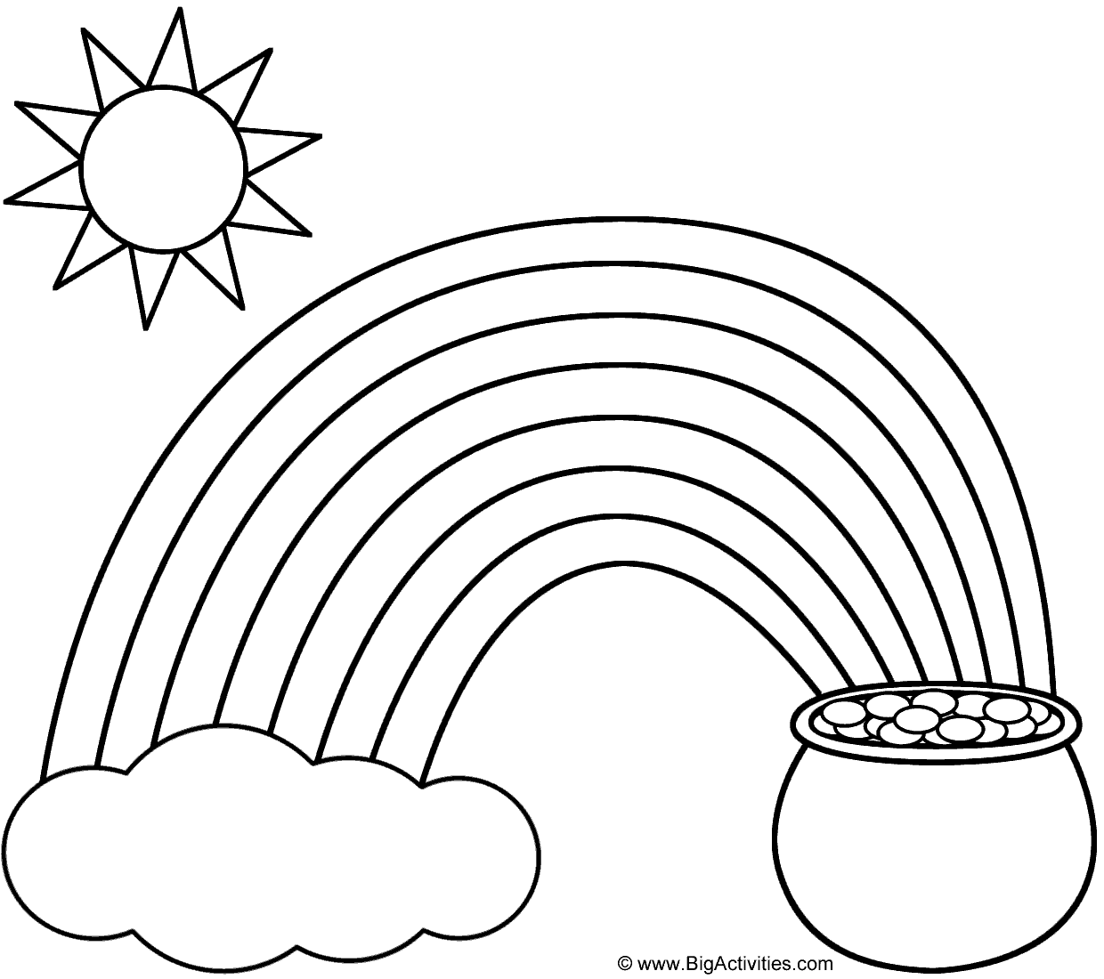Rainbow, Pot of Gold, Sun, and Cloud - Coloring Page (St. Patrick's Day)
