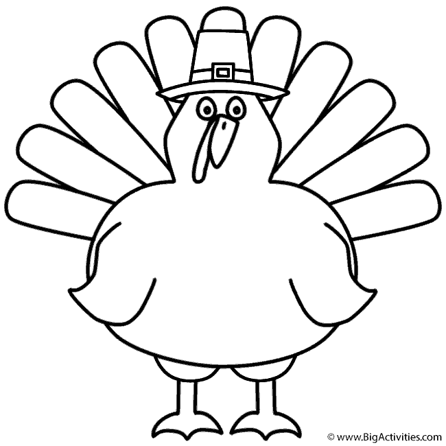 Turkey with Pilgrim Hat - Coloring Page (Thanksgiving)