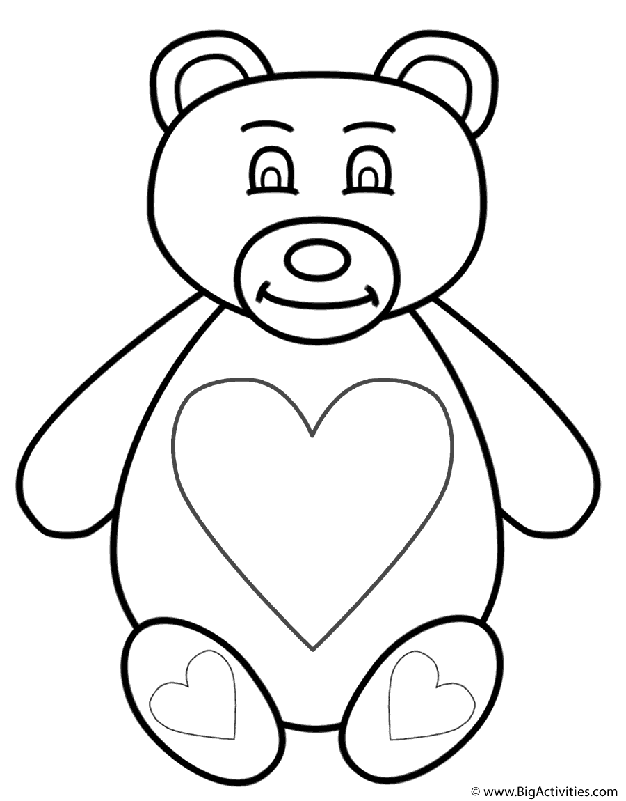 Download Teddy Bear with Hearts on chest and feet - Coloring Page (Valentine's Day)