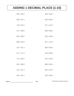 Horizontal Addition Math Worksheets